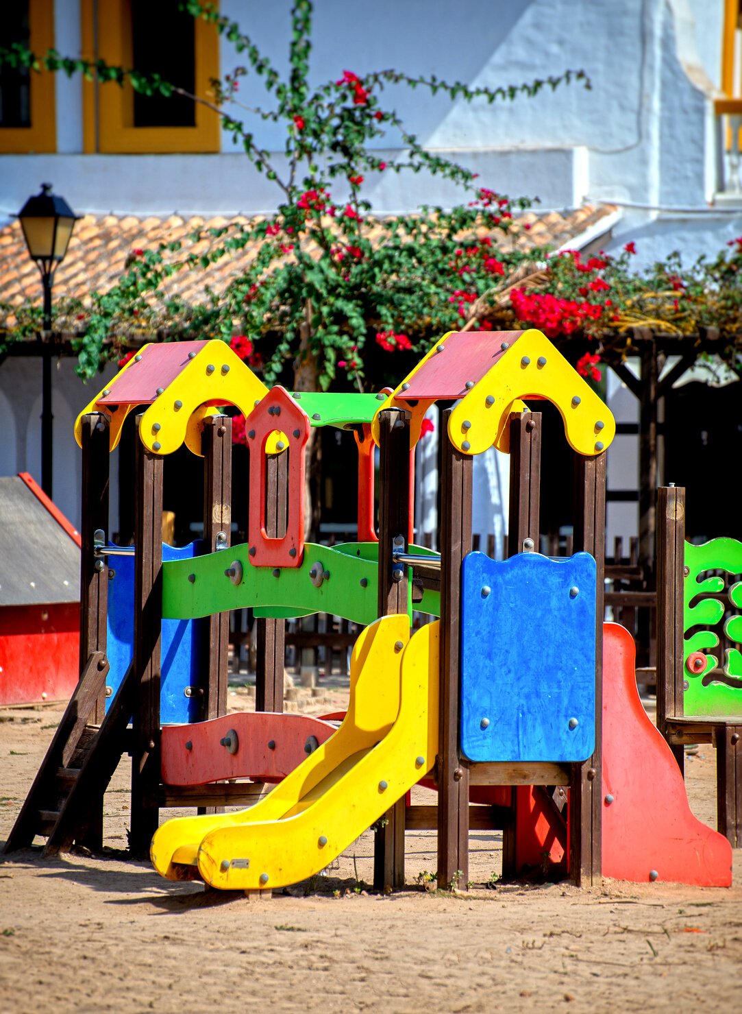 Colorful kids playground with slide.