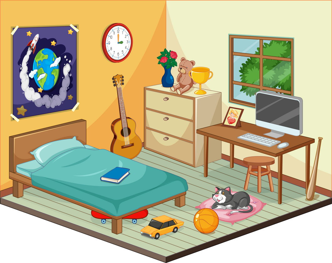 Part of bedroom of children scene in cartoon style